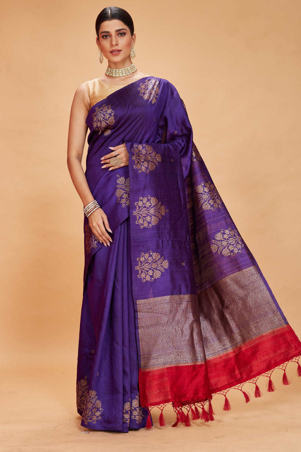 Shop purple tussar Banarasi sari online in USA with floral zari buta. Look your best on festive occasions in latest designer saris, pure silk sarees, Kanjivaram silk sarees, handwoven saris, tussar silk sarees, embroidered saris from Pure Elegance Indian clothing store in USA.-full view