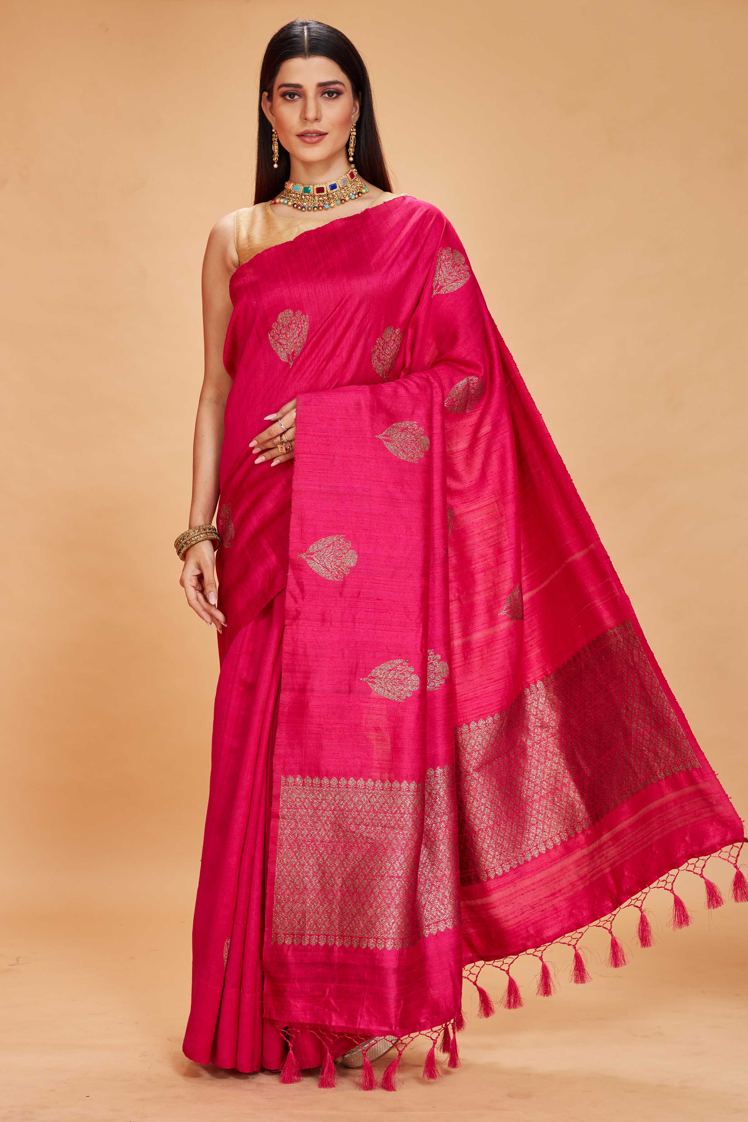 Shop beautiful rani pink tussar Banarasi sari online in USA with antique zari pallu. Look your best on festive occasions in latest designer saris, pure silk sarees, Kanjivaram silk sarees, handwoven saris, tussar silk sarees, embroidered saris from Pure Elegance Indian clothing store in USA.-full view