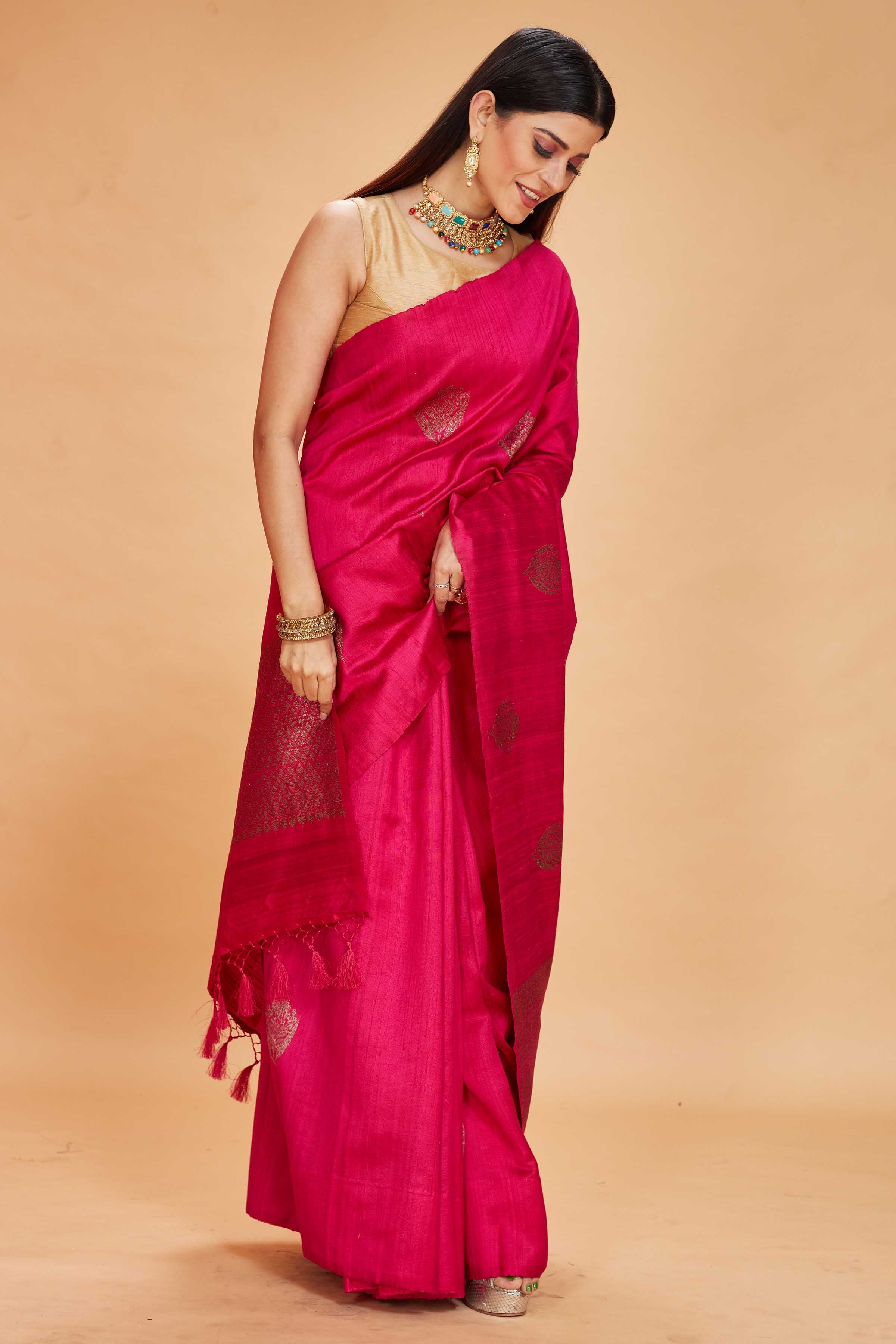 Shop beautiful rani pink tussar Banarasi sari online in USA with antique zari pallu. Look your best on festive occasions in latest designer saris, pure silk sarees, Kanjivaram silk sarees, handwoven saris, tussar silk sarees, embroidered saris from Pure Elegance Indian clothing store in USA.-side