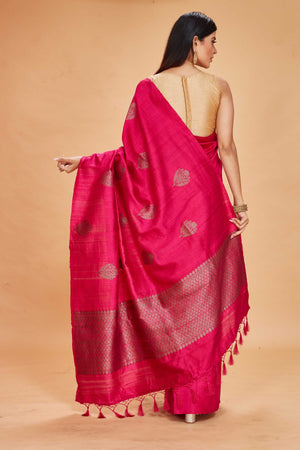 Shop beautiful rani pink tussar Banarasi sari online in USA with antique zari pallu. Look your best on festive occasions in latest designer saris, pure silk sarees, Kanjivaram silk sarees, handwoven saris, tussar silk sarees, embroidered saris from Pure Elegance Indian clothing store in USA.-back