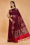 Buy maroon tussar Banarasi sari online in USA with antique zari red pallu. Look your best on festive occasions in latest designer saris, pure silk sarees, Kanjivaram silk sarees, handwoven saris, tussar silk sarees, embroidered saris from Pure Elegance Indian clothing store in USA.-full view