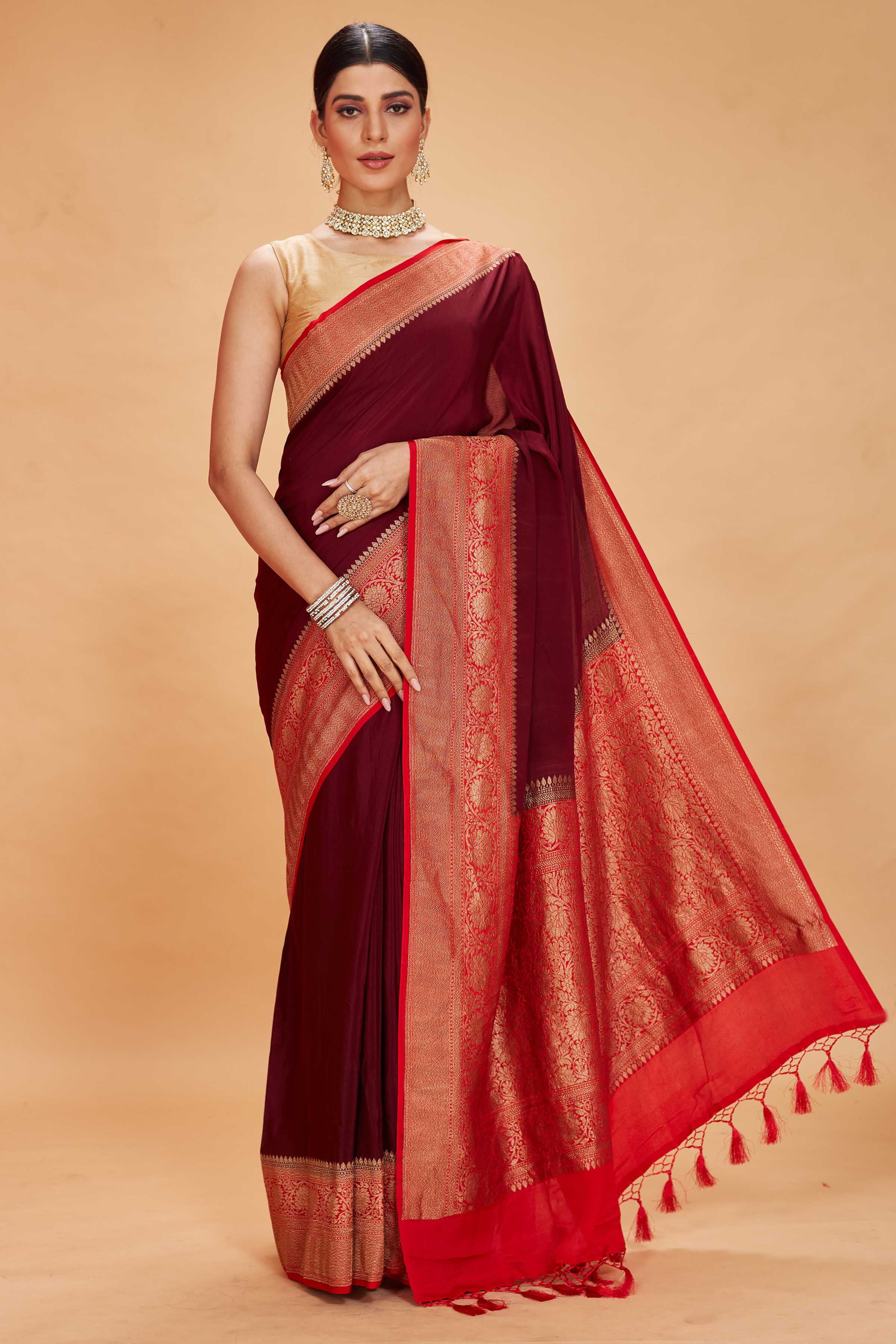 Shop maroon tussar Banarasi saree online in USA with red zari border. Look your best on festive occasions in latest designer saris, pure silk sarees, Kanjivaram silk sarees, handwoven saris, tussar silk sarees, embroidered sarees from Pure Elegance Indian clothing store in USA.-full view