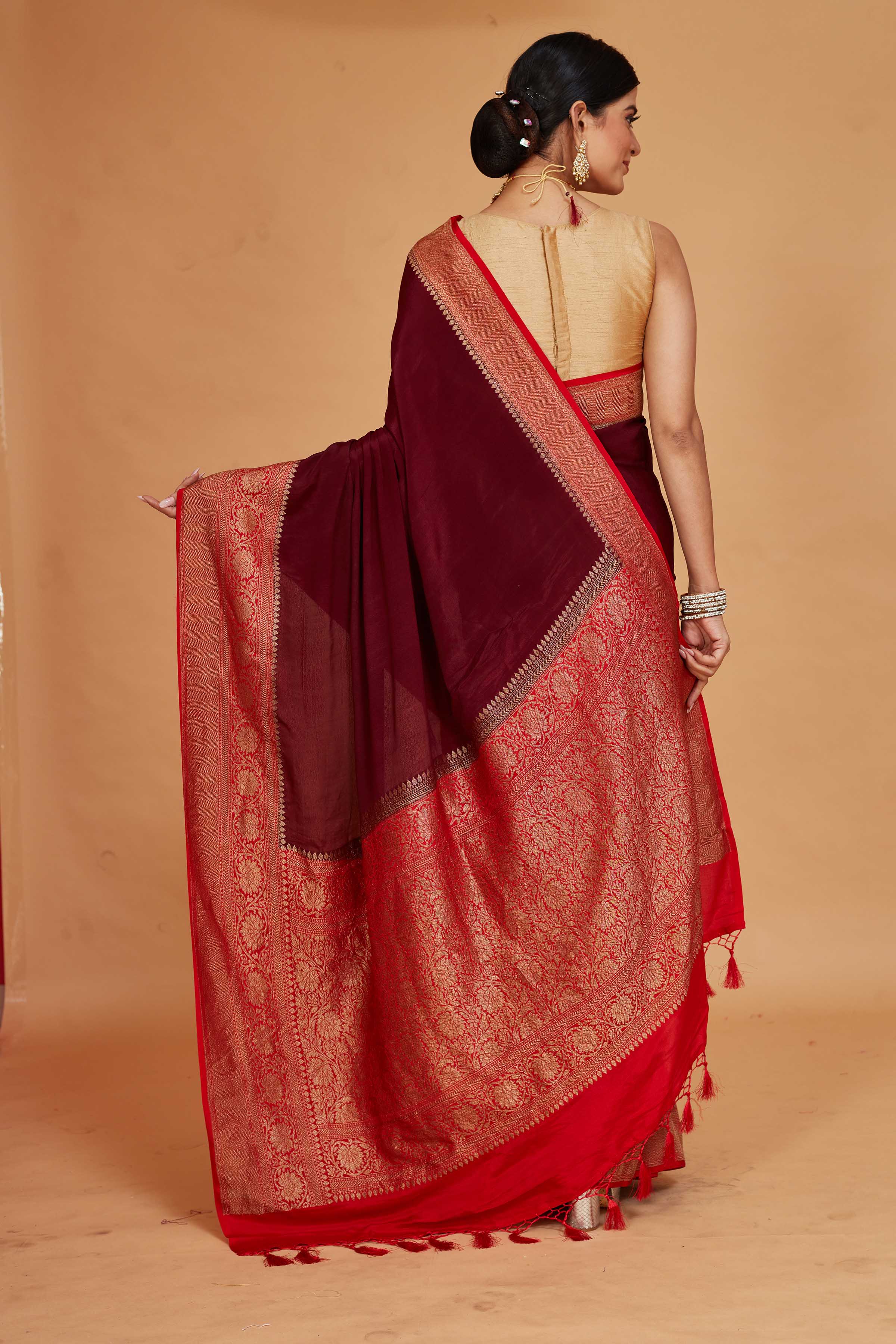 Shop maroon tussar Banarasi saree online in USA with red zari border. Look your best on festive occasions in latest designer saris, pure silk sarees, Kanjivaram silk sarees, handwoven saris, tussar silk sarees, embroidered sarees from Pure Elegance Indian clothing store in USA.-back