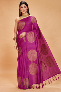 Buy purple tussar Banarasi saree online in USA with antique zari buta. Look your best on festive occasions in latest designer saris, pure silk sarees, Kanjivaram silk sarees, handwoven saris, tussar silk sarees, embroidered sarees from Pure Elegance Indian clothing store in USA.-full view