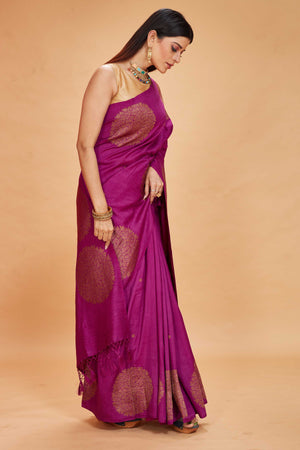 Buy purple tussar Banarasi saree online in USA with antique zari buta. Look your best on festive occasions in latest designer saris, pure silk sarees, Kanjivaram silk sarees, handwoven saris, tussar silk sarees, embroidered sarees from Pure Elegance Indian clothing store in USA.-side