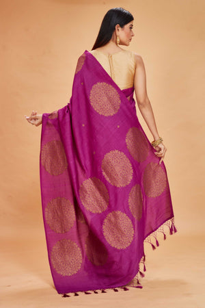 Buy purple tussar Banarasi saree online in USA with antique zari buta. Look your best on festive occasions in latest designer saris, pure silk sarees, Kanjivaram silk sarees, handwoven saris, tussar silk sarees, embroidered sarees from Pure Elegance Indian clothing store in USA.-back