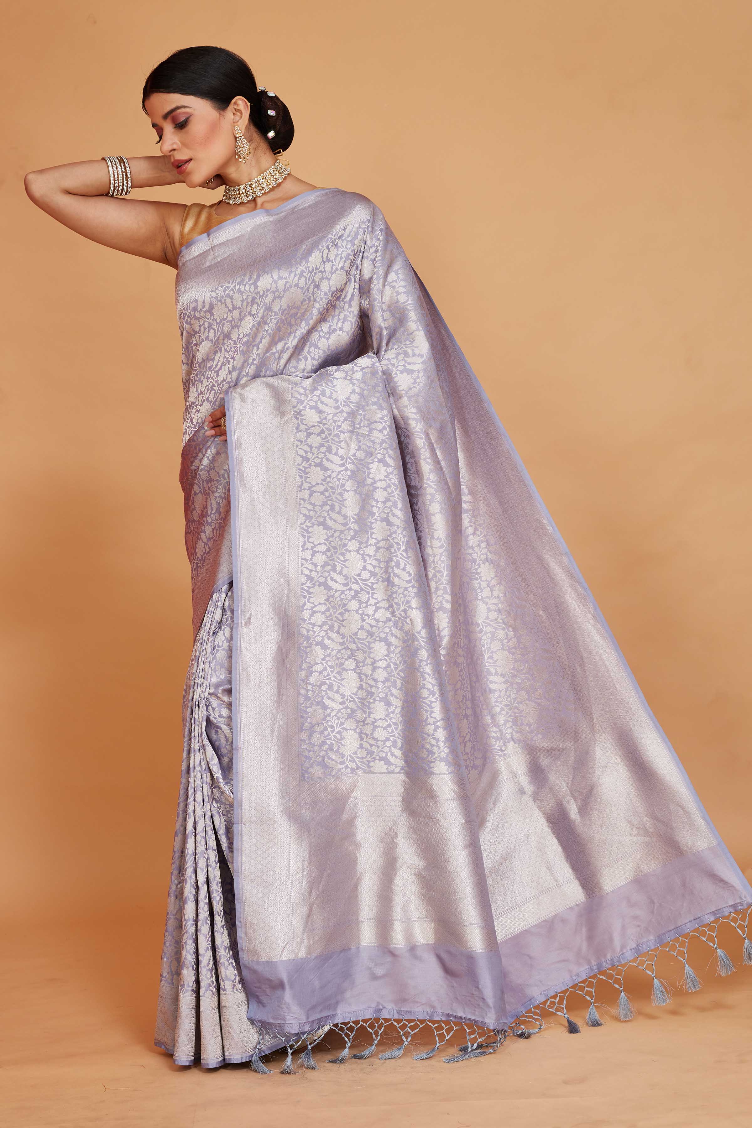 Buy powder blue Katan Banarasi saree online in USA with floral zari jaal. Look your best on festive occasions in latest designer saris, pure silk sarees, Kanjivaram silk sarees, handwoven saris, tussar silk sarees, embroidered sarees from Pure Elegance Indian clothing store in USA.-pallu