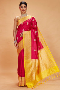 Shop red Katan Banarasi saree online in USA with yellow zari border. Look your best on festive occasions in latest designer saris, pure silk sarees, Kanjivaram silk sarees, handwoven saris, tussar silk sarees, embroidered sarees from Pure Elegance Indian clothing store in USA.-full view