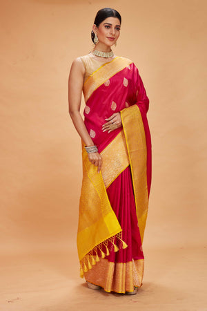 Shop red Katan Banarasi saree online in USA with yellow zari border. Look your best on festive occasions in latest designer saris, pure silk sarees, Kanjivaram silk sarees, handwoven saris, tussar silk sarees, embroidered sarees from Pure Elegance Indian clothing store in USA.-side