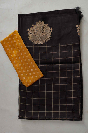 Buy black check silk Banarasi sari online in USA with zari motifs border. Look your best on festive occasions in latest designer sarees, pure silk sarees, Kanjivaram silk saris, handwoven saris, tussar silk sarees, embroidered saris from Pure Elegance Indian clothing store in USA.-blouse