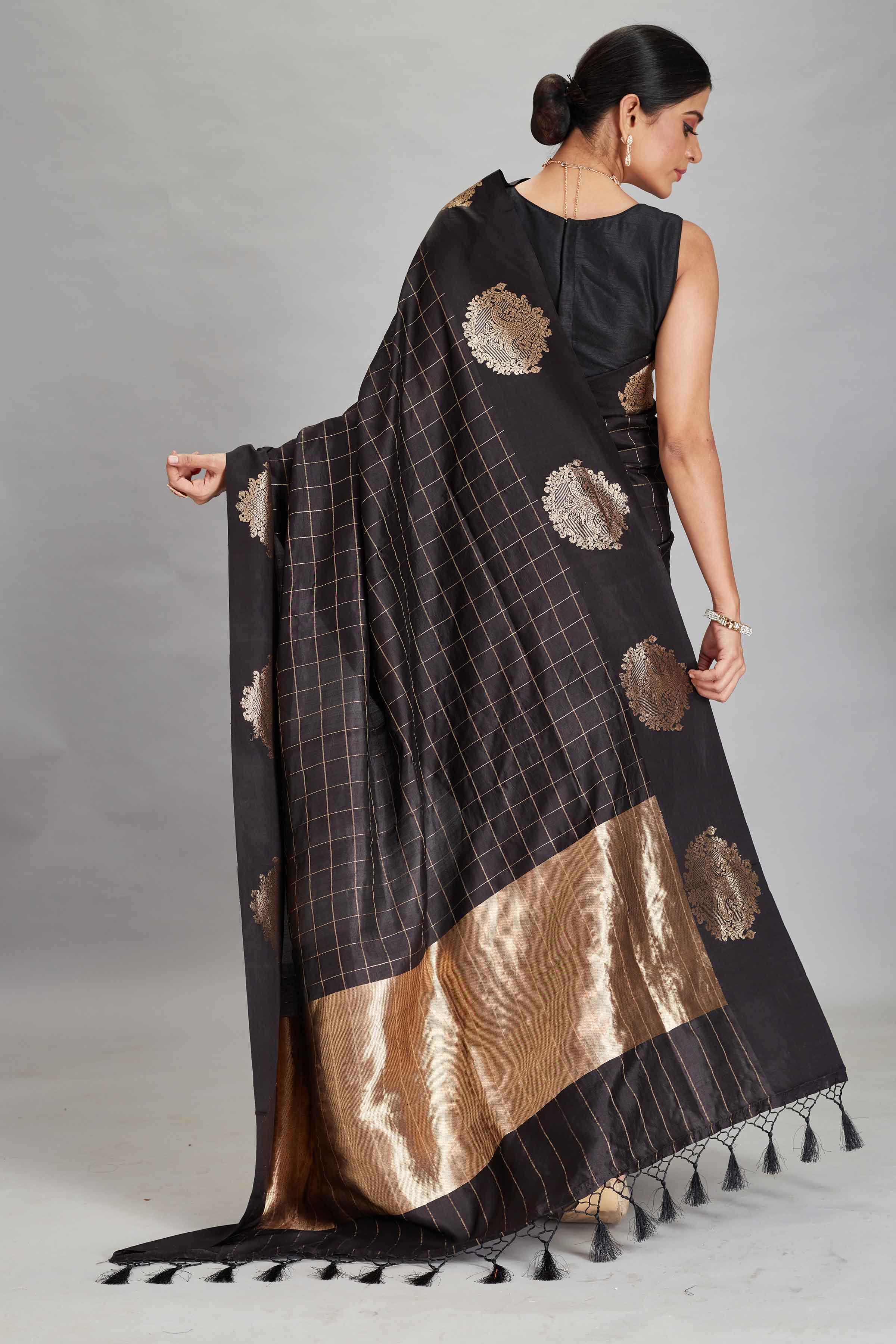 Buy black check silk Banarasi sari online in USA with zari motifs border. Look your best on festive occasions in latest designer sarees, pure silk sarees, Kanjivaram silk saris, handwoven saris, tussar silk sarees, embroidered saris from Pure Elegance Indian clothing store in USA.-back