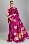 Buy magenta check silk Banarasi sari online in USA with zari motifs border. Look your best on festive occasions in latest designer sarees, pure silk sarees, Kanjivaram silk saris, handwoven saris, tussar silk sarees, embroidered saris from Pure Elegance Indian clothing store in USA.-full view