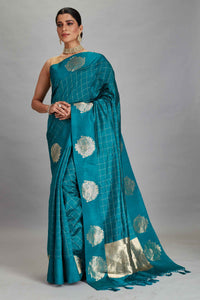 Buy beautiful sea green check silk Banarasi saree online in USA with zari motifs border. Look your best on festive occasions in latest designer sarees, pure silk sarees, Kanjivaram silk saris, handwoven saris, tussar silk sarees, embroidered saris from Pure Elegance Indian clothing store in USA.-full view