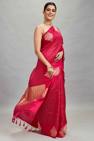 Shop red check silk Banarasi saree online in USA with zari motifs border. Look your best on festive occasions in latest designer sarees, pure silk sarees, Kanjivaram silk saris, handwoven saris, tussar silk sarees, embroidered saris from Pure Elegance Indian clothing store in USA.-side