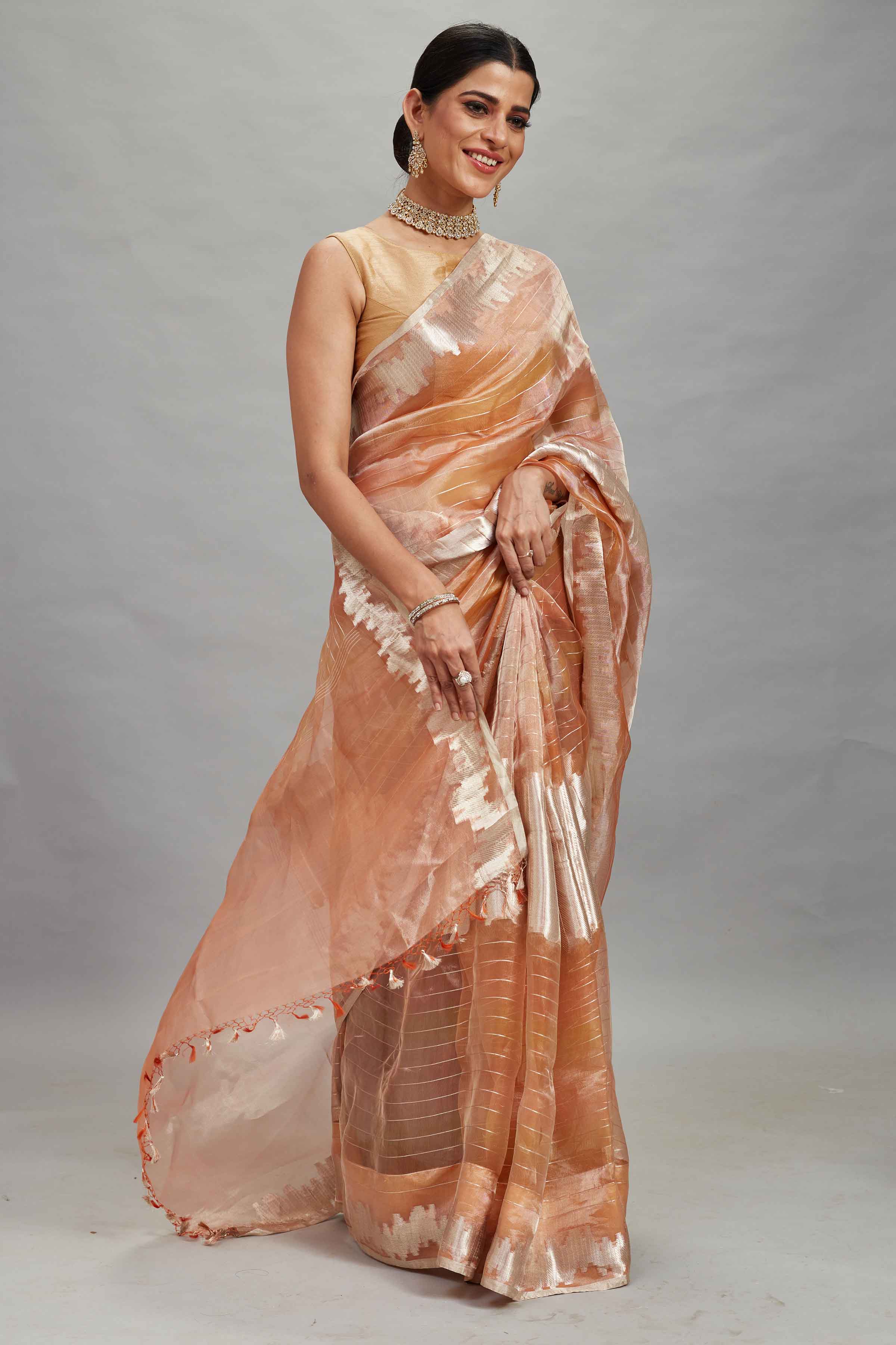 Buy peach striped tissue Banarasi saree online in USA. Look your best on festive occasions in latest designer sarees, pure silk sarees, Kanjivaram silk saris, handwoven saris, tussar silk sarees, embroidered saris from Pure Elegance Indian clothing store in USA.-side