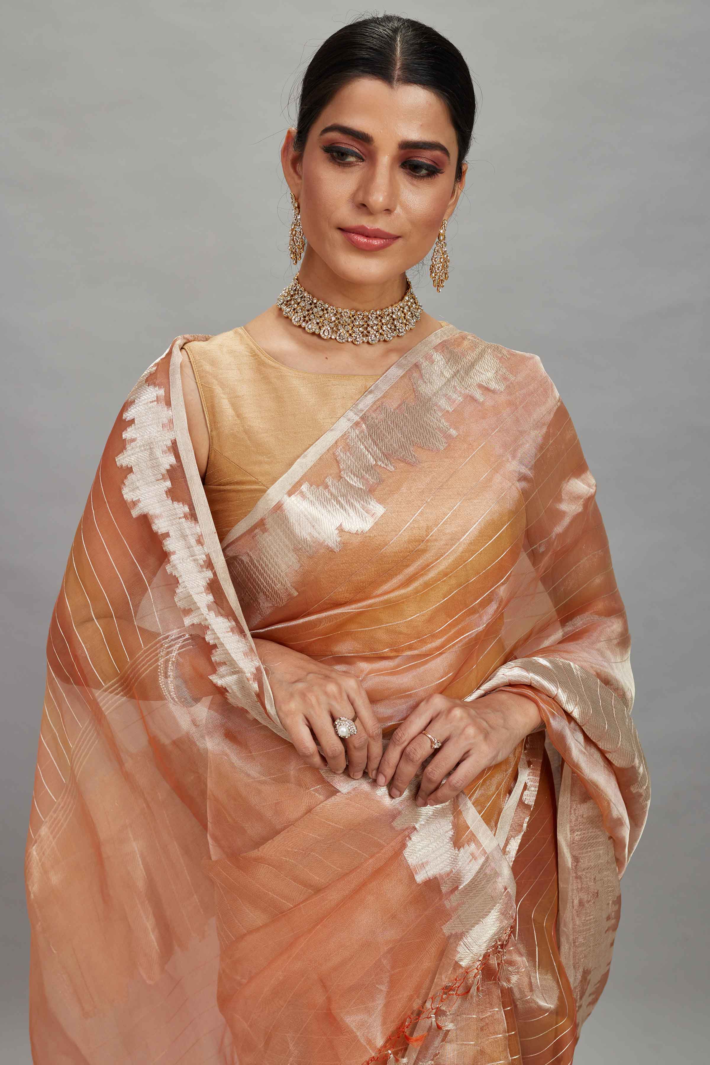 Buy peach striped tissue Banarasi saree online in USA. Look your best on festive occasions in latest designer sarees, pure silk sarees, Kanjivaram silk saris, handwoven saris, tussar silk sarees, embroidered saris from Pure Elegance Indian clothing store in USA.-closeup