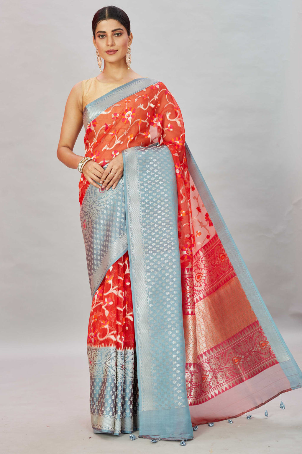 Buy red Kora Banarasi sari online in USA with blue zari border. Look your best on festive occasions in latest designer sarees, pure silk sarees, Kanjivaram silk saris, handwoven saris, tussar silk sarees, embroidered saris from Pure Elegance Indian clothing store in USA.-full view