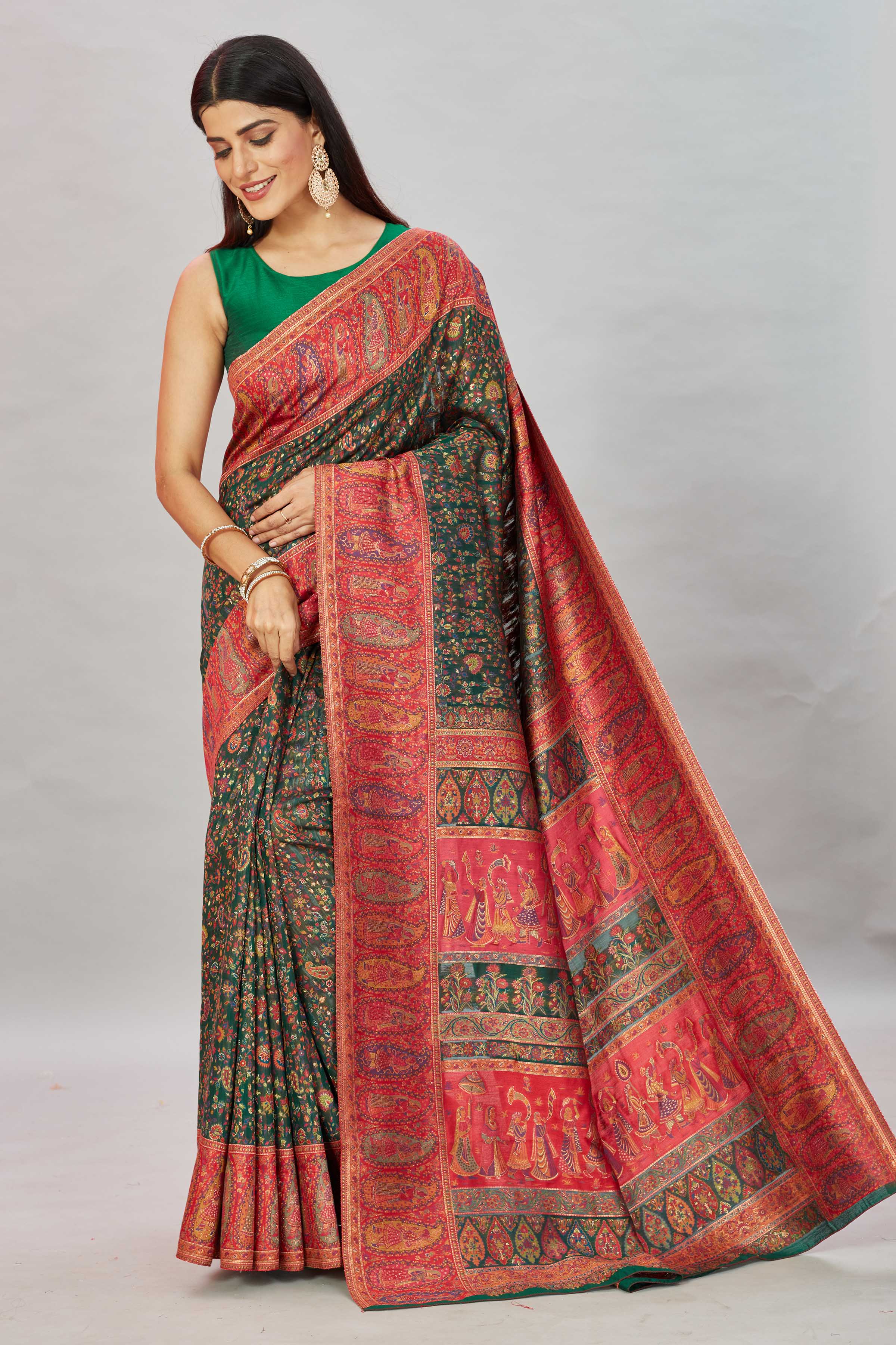 Buy stunning green Kani weave sari online in USA with multicolor red border. Look your best on festive occasions in latest designer sarees, pure silk sarees, Kanjivaram silk sarees, handwoven sarees, tussar silk sarees, embroidered saris from Pure Elegance Indian clothing store in USA.-front