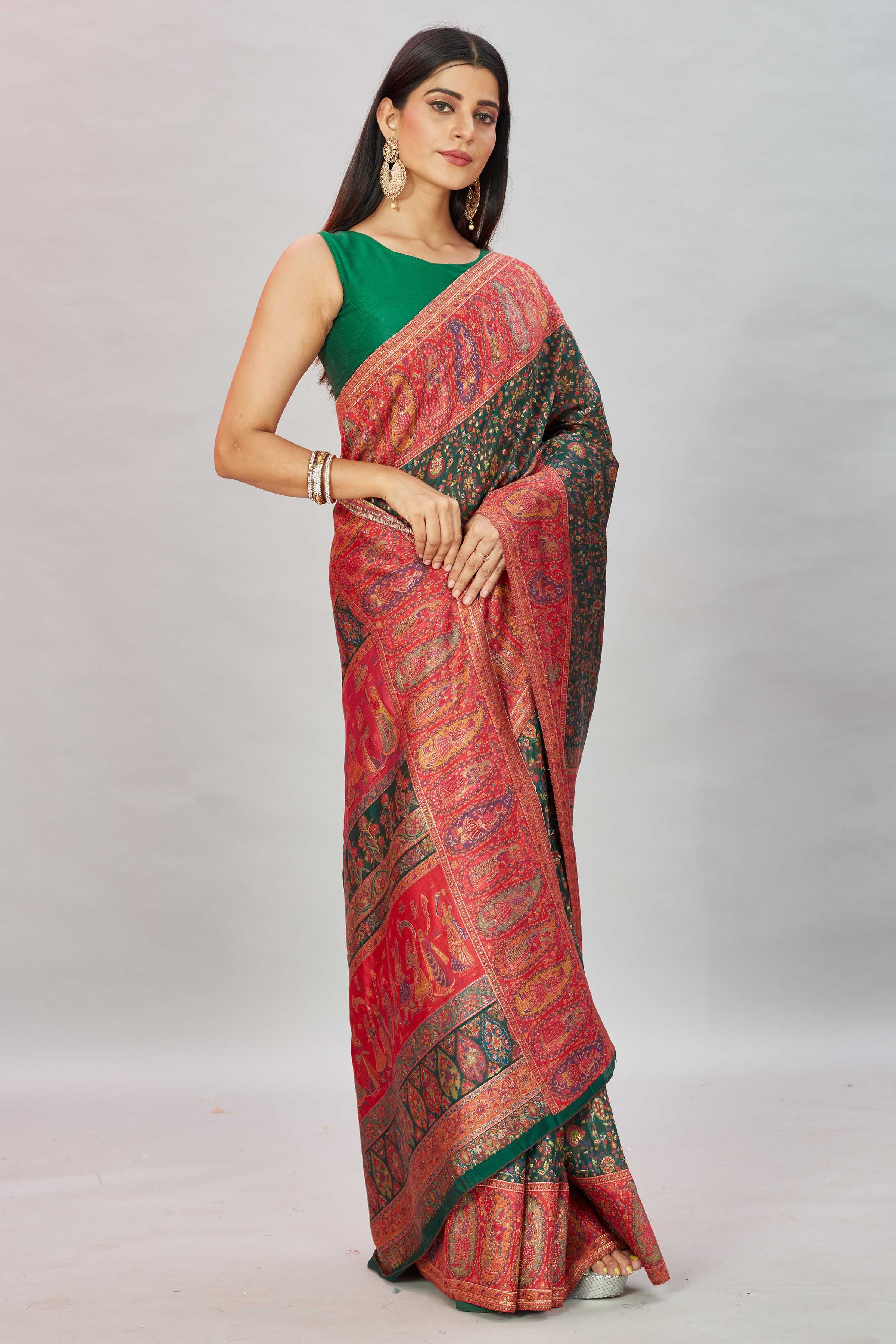 Buy stunning green Kani weave sari online in USA with multicolor red border. Look your best on festive occasions in latest designer sarees, pure silk sarees, Kanjivaram silk sarees, handwoven sarees, tussar silk sarees, embroidered saris from Pure Elegance Indian clothing store in USA.-side