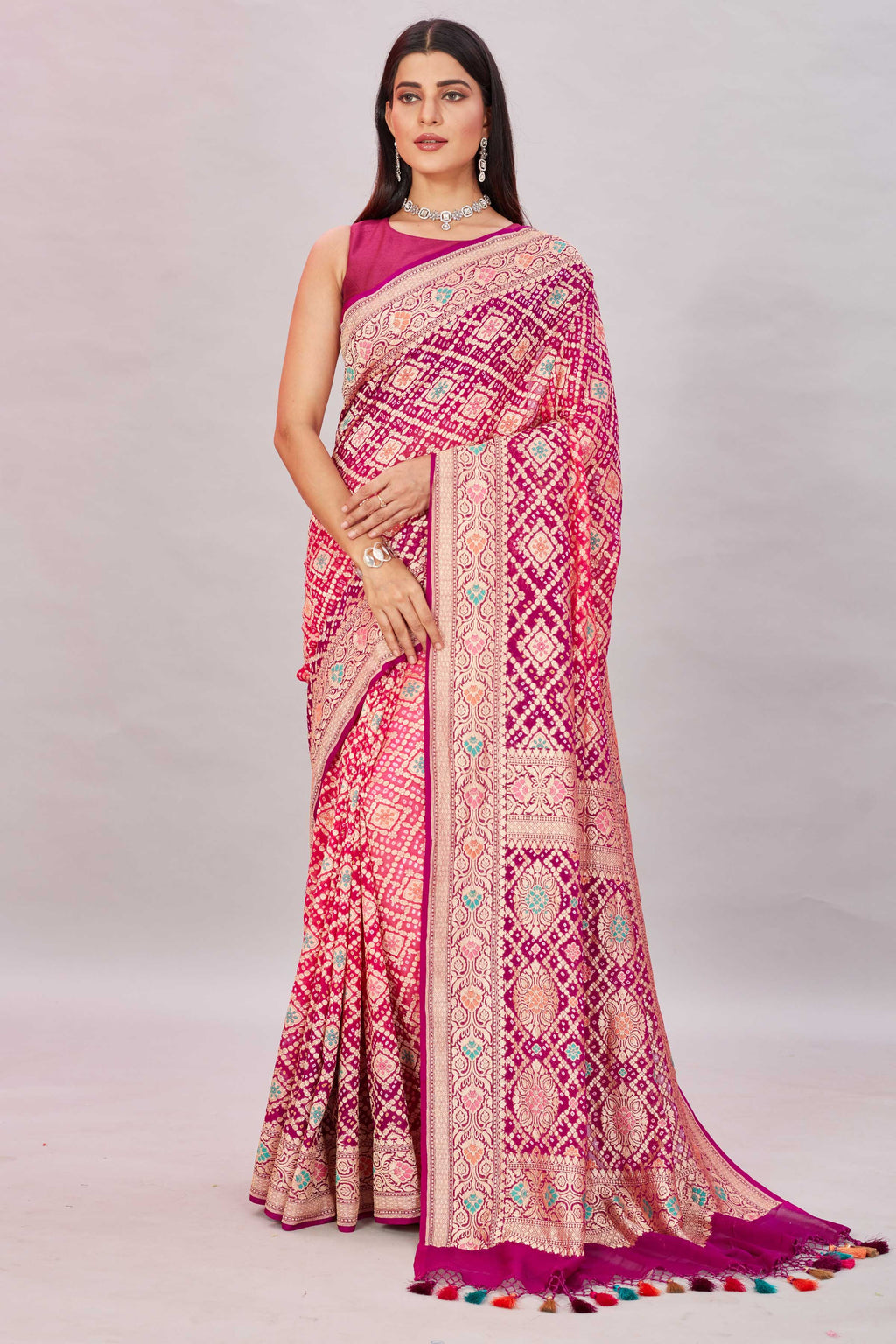 Buy beautiful ombre magenta georgette Banarasi saree online in USA with zari jaal. Look your best on festive occasions in latest designer sarees, pure silk sarees, Kanjivaram silk saris, handwoven saris, tussar silk sarees, embroidered saris from Pure Elegance Indian clothing store in USA.-full view