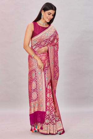 Buy beautiful ombre magenta georgette Banarasi saree online in USA with zari jaal. Look your best on festive occasions in latest designer sarees, pure silk sarees, Kanjivaram silk saris, handwoven saris, tussar silk sarees, embroidered saris from Pure Elegance Indian clothing store in USA.-side