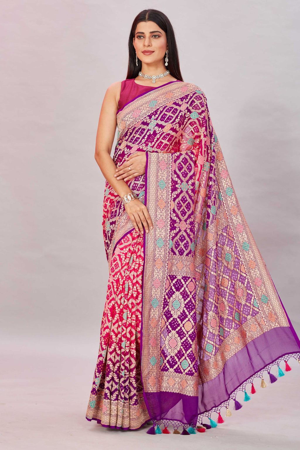 Shop purple pink georgette Banarasi saree online in USA with zari jaal. Look your best on festive occasions in latest designer sarees, pure silk sarees, Kanjivaram silk saris, handwoven saris, tussar silk sarees, embroidered saris from Pure Elegance Indian clothing store in USA.-full view