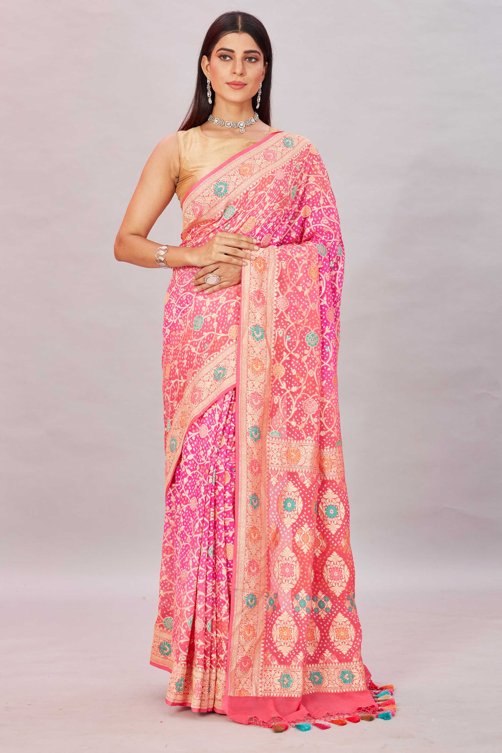 Shop ombre pink georgette Banarasi saree online in USA with zari jaal. Look your best on festive occasions in latest designer sarees, pure silk sarees, Kanjivaram silk saris, handwoven saris, tussar silk sarees, embroidered saris from Pure Elegance Indian clothing store in USA.-full view