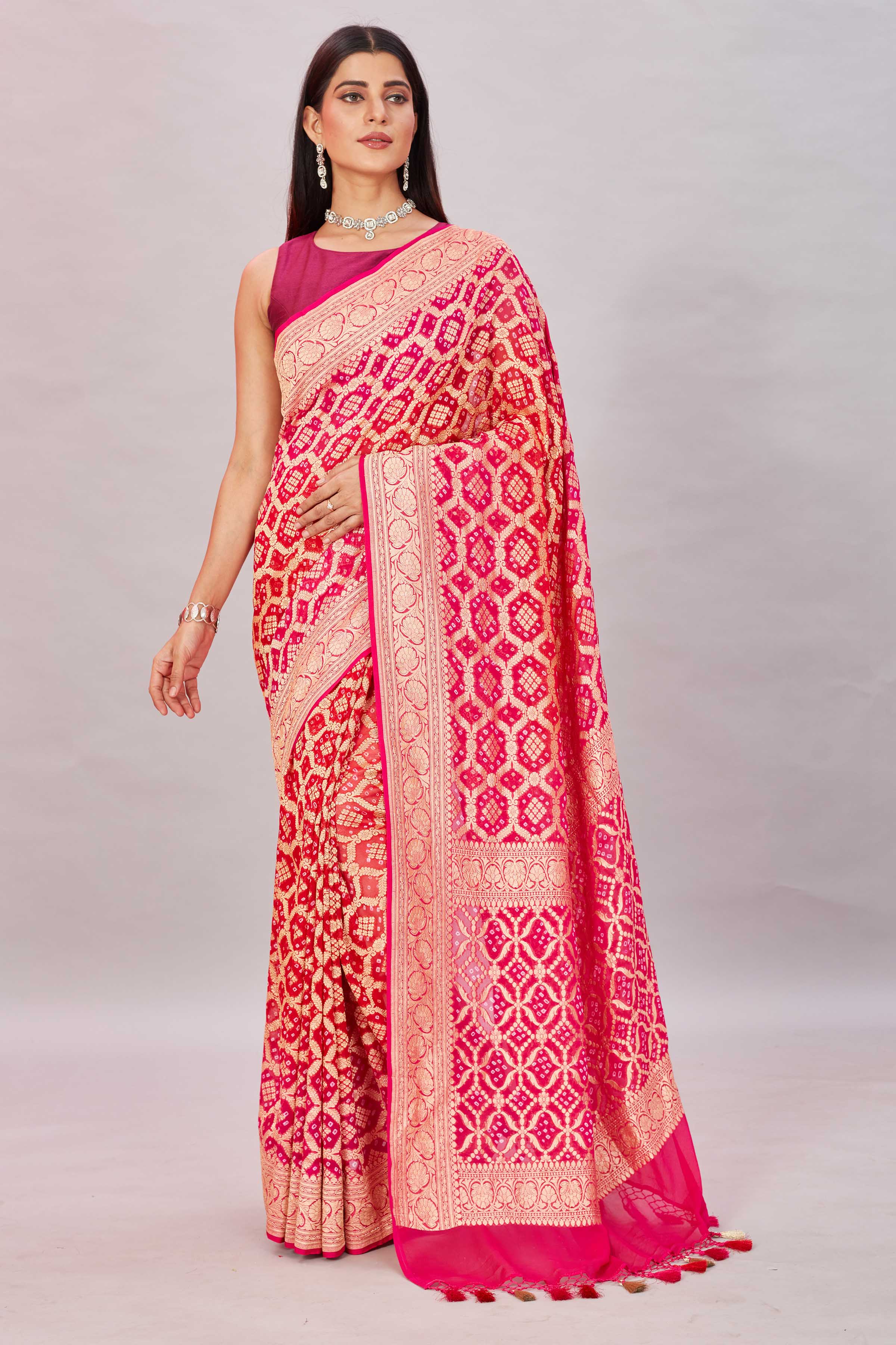 Shop beautiful ombre pink georgette Banarasi saree online in USA with zari jaal. Look your best on festive occasions in latest designer sarees, pure silk sarees, Kanjivaram silk saris, handwoven saris, tussar silk sarees, embroidered saris from Pure Elegance Indian clothing store in USA.-full view