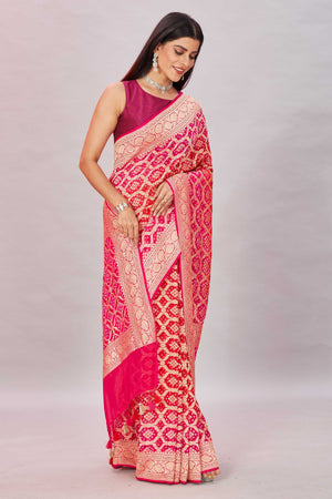 Shop beautiful ombre pink georgette Banarasi saree online in USA with zari jaal. Look your best on festive occasions in latest designer sarees, pure silk sarees, Kanjivaram silk saris, handwoven saris, tussar silk sarees, embroidered saris from Pure Elegance Indian clothing store in USA.-side