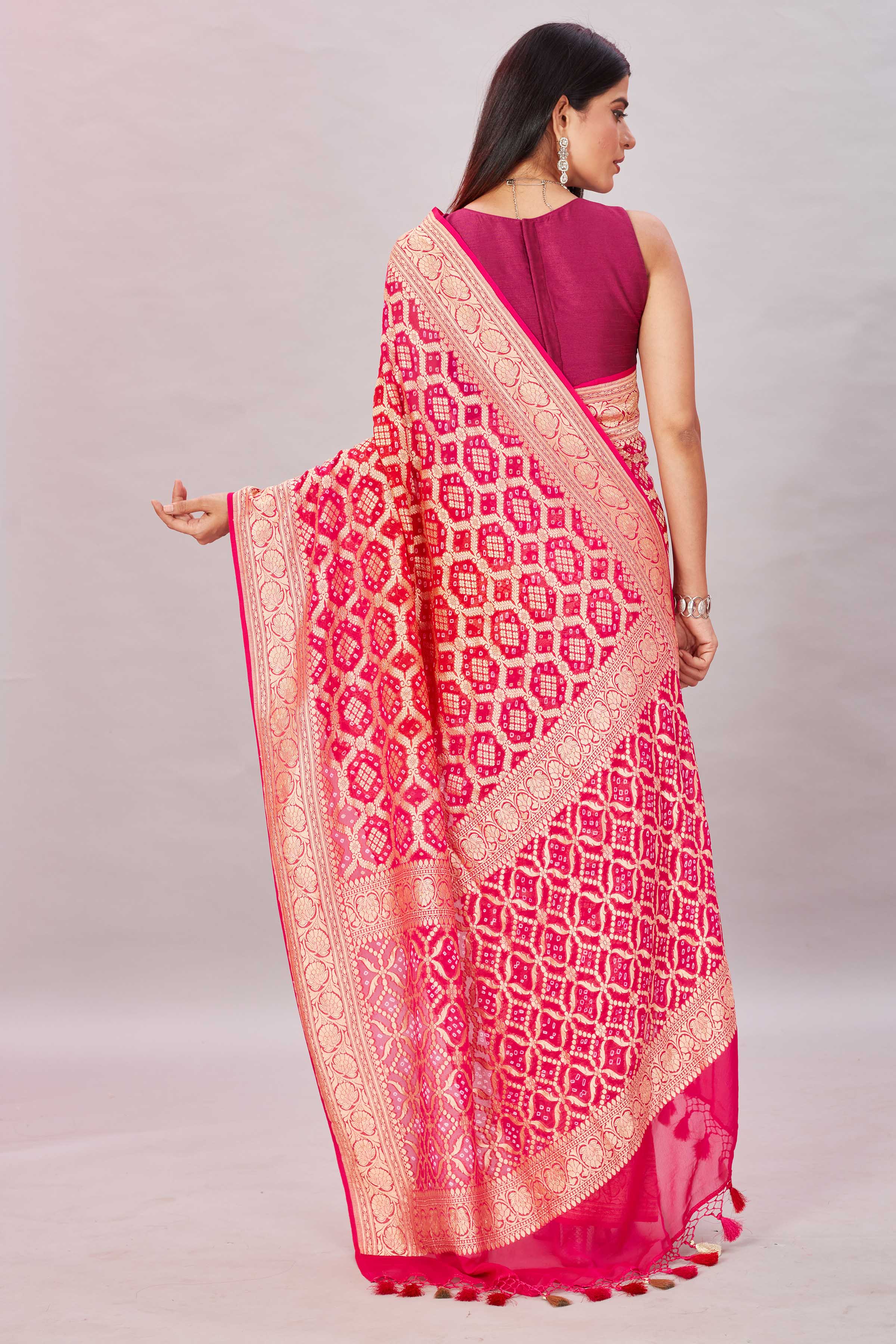 Shop beautiful ombre pink georgette Banarasi saree online in USA with zari jaal. Look your best on festive occasions in latest designer sarees, pure silk sarees, Kanjivaram silk saris, handwoven saris, tussar silk sarees, embroidered saris from Pure Elegance Indian clothing store in USA.-back