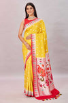 Shop yellow tussar Banarasi saree online in USA with Paithani border. Look your best on festive occasions in latest designer sarees, pure silk sarees, Kanjivaram silk sarees, handwoven saris, tussar silk sarees, embroidered saris from Pure Elegance Indian clothing store in USA.-full view