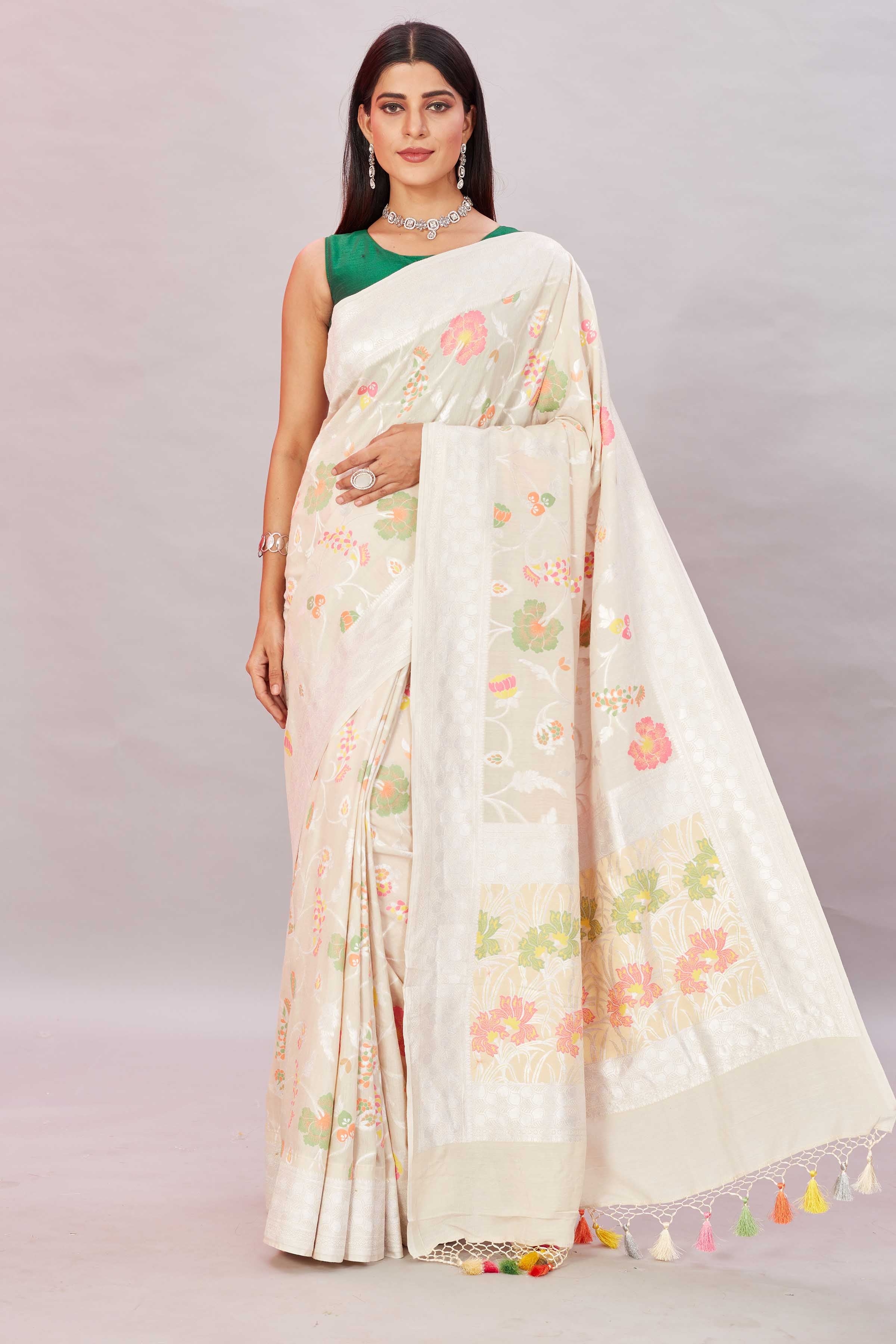 Shop cream tussar Banarasi saree online in USA with zari minakari floral jaal. Look your best on festive occasions in latest designer sarees, pure silk sarees, Kanjivaram silk sarees, handwoven saris, tussar silk sarees, embroidered saris from Pure Elegance Indian clothing store in USA.-full view