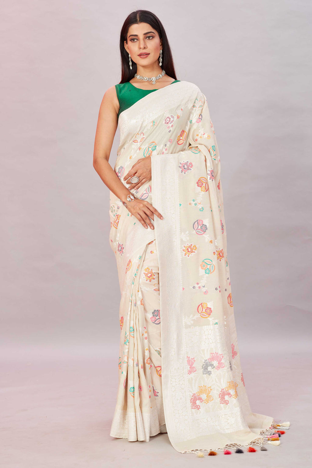 Shop cream tussar Banarasi saree online in USA with zari minakari floral jaal. Look your best on festive occasions in latest designer sarees, pure silk sarees, Kanjivaram silk sarees, handwoven saris, tussar silk sarees, embroidered saris from Pure Elegance Indian clothing store in USA.-full view