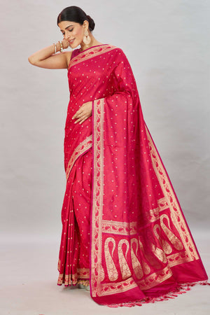 Buy beautiful pink Tanchoi Banarasi saree online in USA with zari buti and border. Look your best on festive occasions in latest designer saris, pure silk sarees, Kanjivaram silk sarees, handwoven saris, tussar silk sarees, embroidered sarees from Pure Elegance Indian clothing store in USA.-pallu