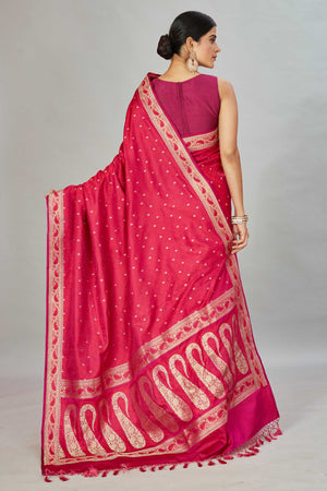 Buy beautiful pink Tanchoi Banarasi saree online in USA with zari buti and border. Look your best on festive occasions in latest designer saris, pure silk sarees, Kanjivaram silk sarees, handwoven saris, tussar silk sarees, embroidered sarees from Pure Elegance Indian clothing store in USA.-back