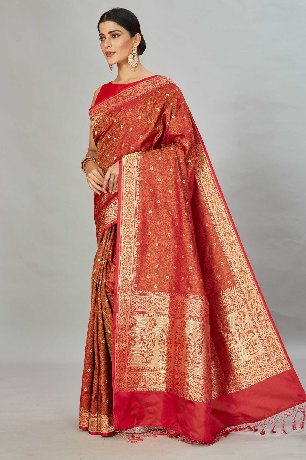 Buy stunning rust orange Tanchoi Banarasi saree online in USA with zari buti and border. Look your best on festive occasions in latest designer saris, pure silk sarees, Kanjivaram silk sarees, handwoven saris, tussar silk sarees, embroidered sarees from Pure Elegance Indian clothing store in USA.-full view