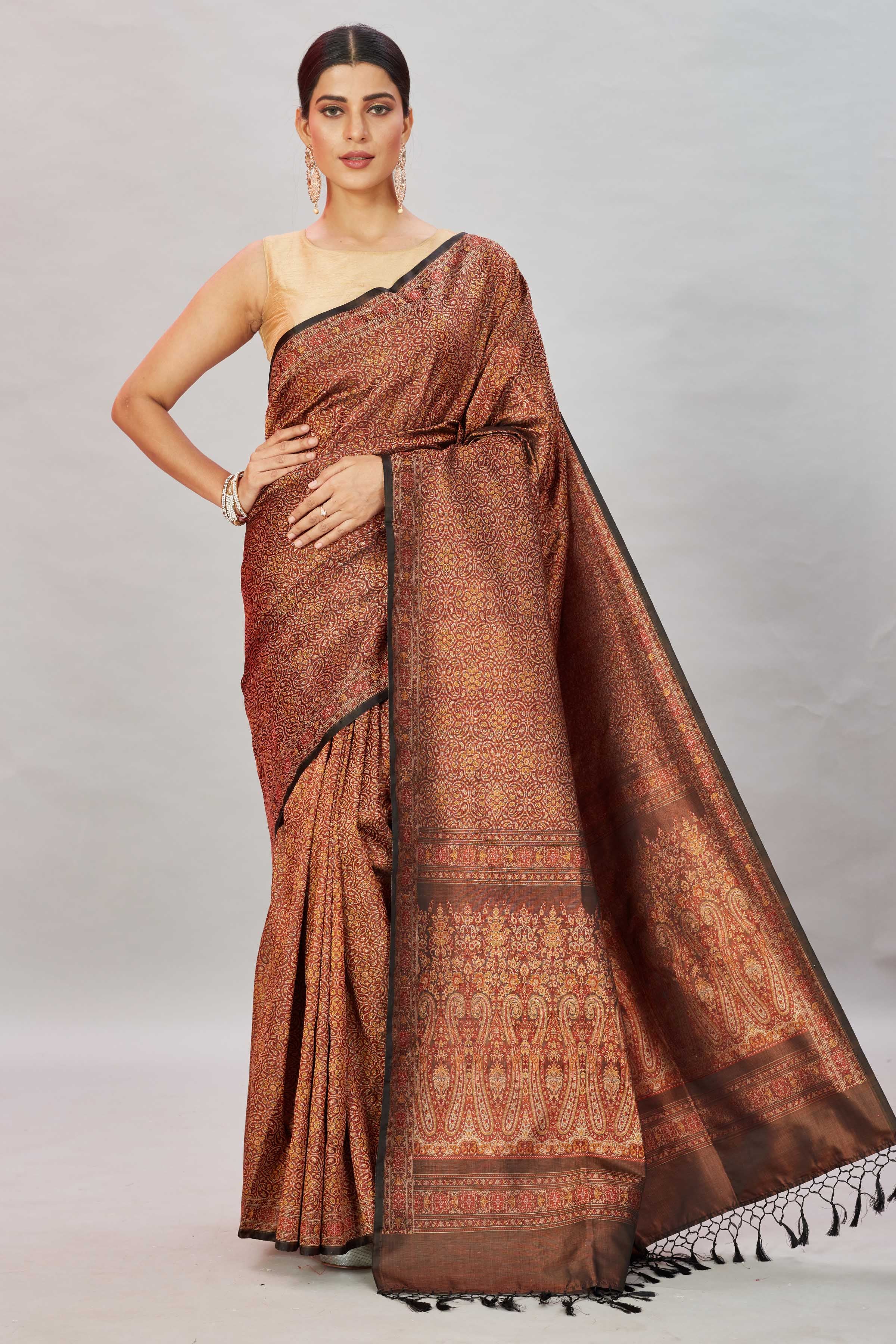 Shop beautiful brown Tanchoi Banarasi saree online in USA. Look your best on festive occasions in latest designer saris, pure silk sarees, Kanjivaram silk sarees, handwoven saris, tussar silk sarees, embroidered sarees from Pure Elegance Indian clothing store in USA.-full view