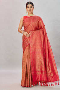 Shop red Tanchoi Banarasi saree online in USA with self zari buti and border. Look your best on festive occasions in latest designer saris, pure silk sarees, Kanjivaram silk sarees, handwoven saris, tussar silk sarees, embroidered sarees from Pure Elegance Indian clothing store in USA.-full view