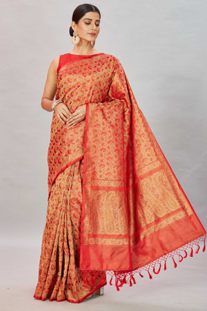 Buy red Tanchoi silk sari online in USA with buti and zari border. Look your best on festive occasions in latest designer saris, pure silk sarees, Kanjivaram silk sarees, handwoven saris, tussar silk sarees, embroidered sarees from Pure Elegance Indian clothing store in USA.-full view