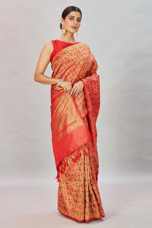 Buy red Tanchoi silk sari online in USA with buti and zari border. Look your best on festive occasions in latest designer saris, pure silk sarees, Kanjivaram silk sarees, handwoven saris, tussar silk sarees, embroidered sarees from Pure Elegance Indian clothing store in USA.-pallu