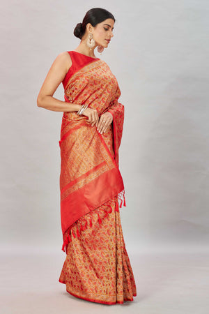 Buy red Tanchoi silk sari online in USA with buti and zari border. Look your best on festive occasions in latest designer saris, pure silk sarees, Kanjivaram silk sarees, handwoven saris, tussar silk sarees, embroidered sarees from Pure Elegance Indian clothing store in USA.-side