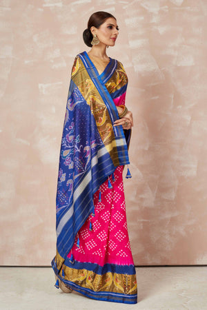 Shop pink Patola bandhej saree online in USA with brown blue border. Look your best on festive occasions in latest designer sarees, pure silk sarees, Kanjivaram silk saris, handwoven saris, tussar silk sarees, embroidered saris from Pure Elegance Indian clothing store in USA.-side