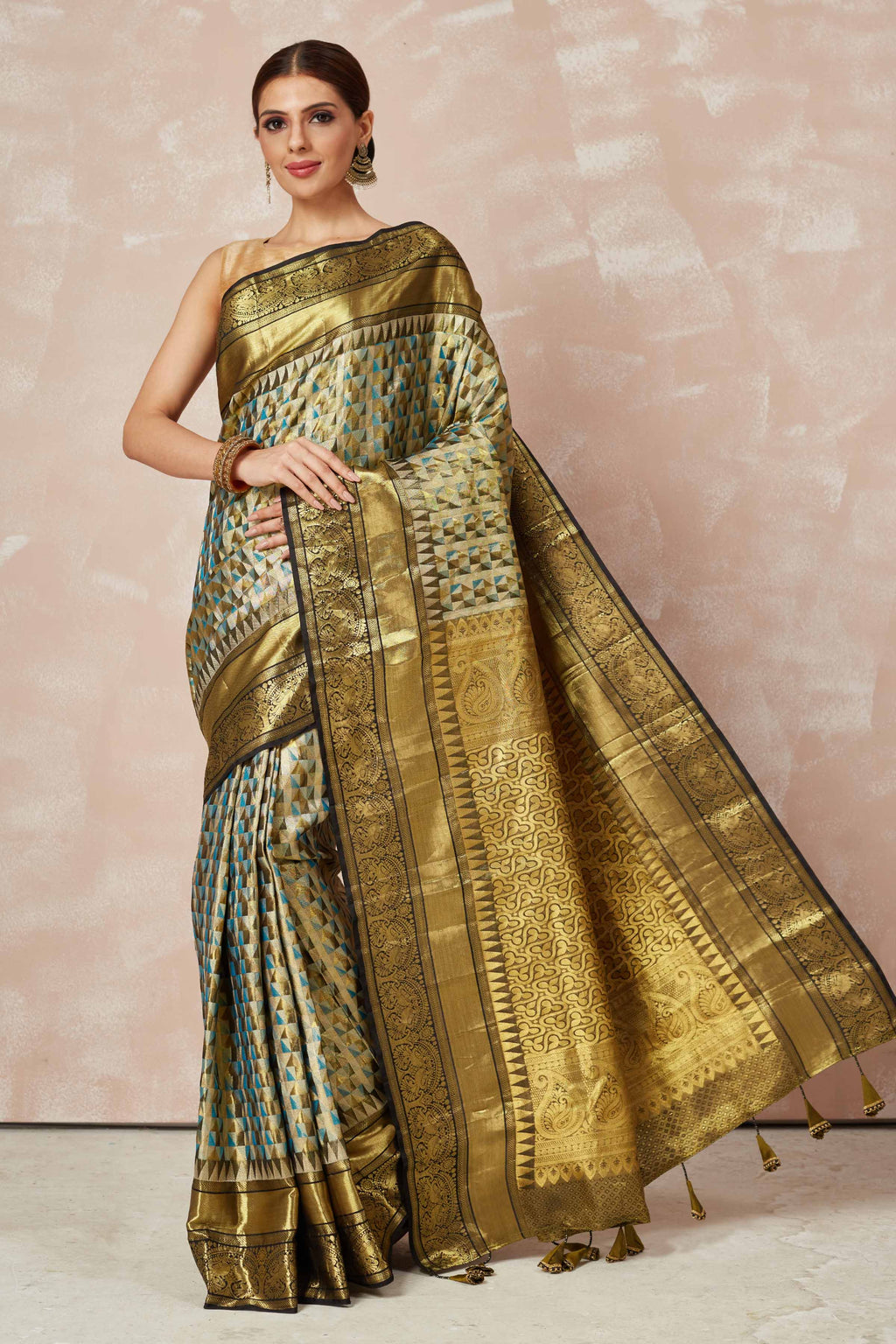 Buy golden brocade Kanchipuram sari online in USA with zari border and pallu. Look your best on festive occasions in latest designer sarees, pure silk sarees, Kanjivaram silk saris, handwoven saris, tussar silk sarees, embroidered saris from Pure Elegance Indian clothing store in USA.-full view