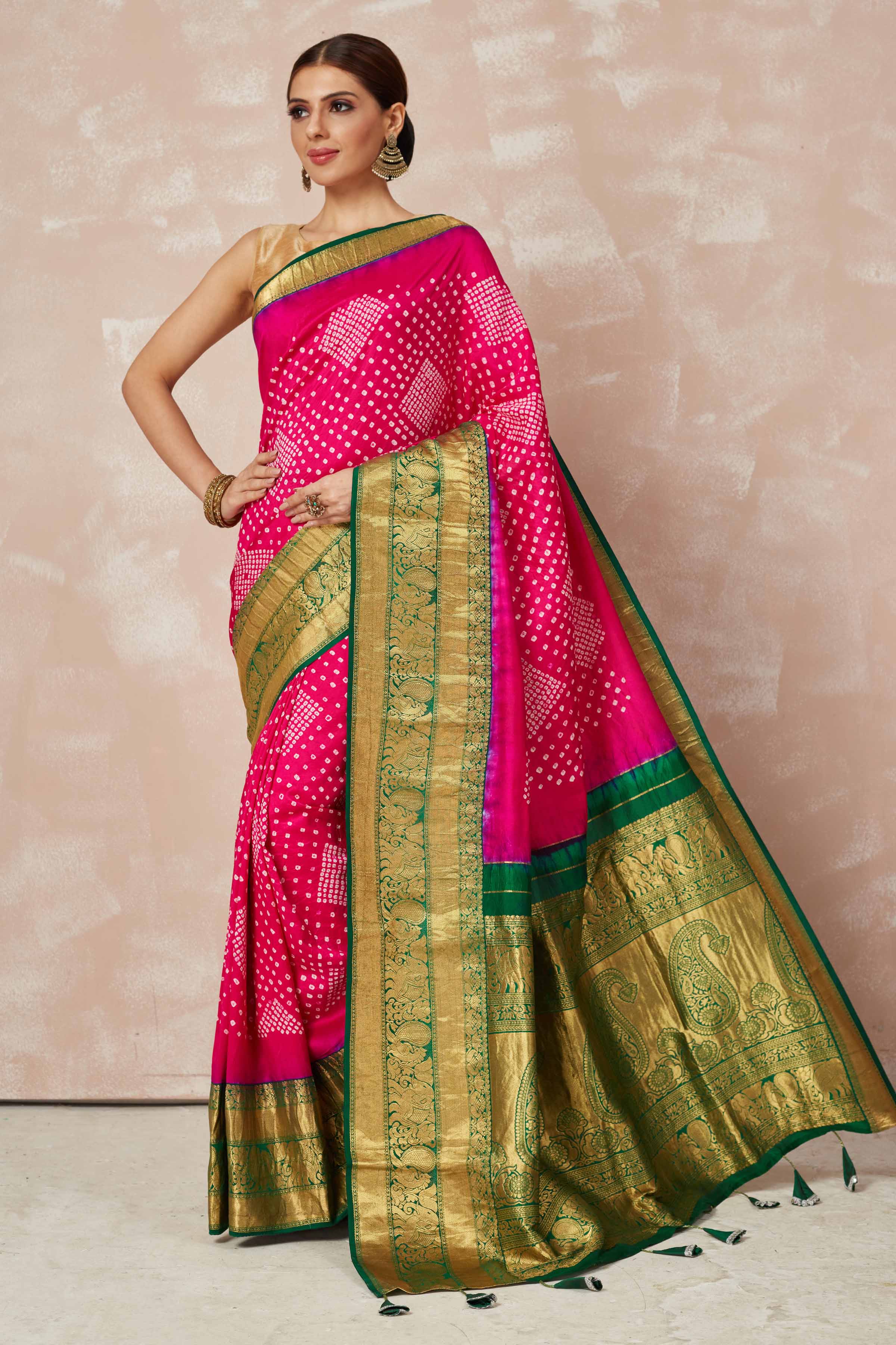 Shop Pink Bandhej Saree Online in USA With Green Zari Border And Pallu Pure Elegance