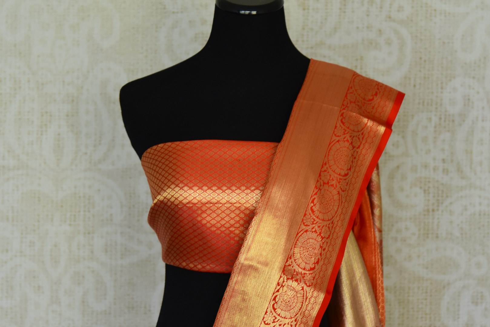 Buy golden heavy Kanjivaram silk saree online in USA with red zari border. Look your best on festive occasions in latest designer sarees, pure silk sarees, Kanjivaram silk saris, handwoven saris, tussar silk sarees, embroidered saris from Pure Elegance Indian clothing store in USA.-blouse