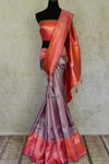 Buy lavender Kanjivaram silk sari online in USA with peach zari border. Look your best on festive occasions in latest designer sarees, pure silk sarees, Kanjivaram silk saris, handwoven saris, tussar silk sarees, embroidered saris from Pure Elegance Indian clothing store in USA.-full view