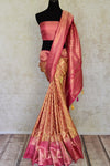 92A543 Golden Kanjeevaram Silk Sari With Pink Zari Border