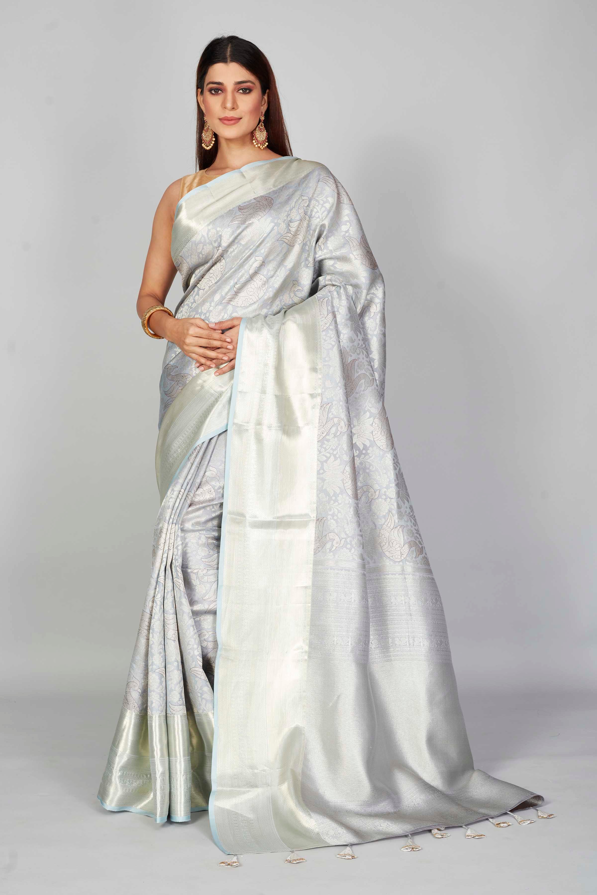 Shop beautiful powder blue Kanjeevaram silk sari online in USA with overall zari jaal. Look your best on festive occasions in latest designer saris, pure silk saris, Kanjivaram silk sarees, handwoven saris, tussar silk sarees, embroidered saris from Pure Elegance Indian clothing store in USA.-full view