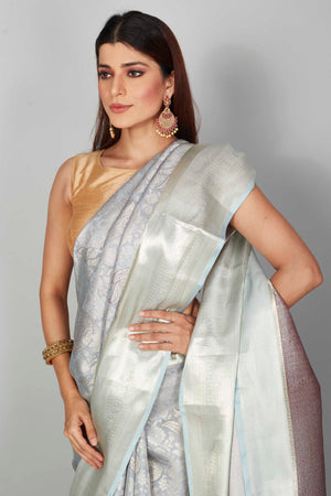 Shop beautiful powder blue Kanjeevaram silk sari online in USA with overall zari jaal. Look your best on festive occasions in latest designer saris, pure silk saris, Kanjivaram silk sarees, handwoven saris, tussar silk sarees, embroidered saris from Pure Elegance Indian clothing store in USA.-closeup