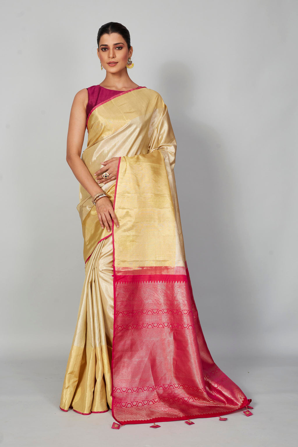 Buy cream Kanchipuram silk saree online in USA with pink zari pallu. Look your best on festive occasions in latest designer saris, pure silk saris, Kanjivaram silk sarees, handwoven saris, tussar silk sarees, embroidered saris from Pure Elegance Indian clothing store in USA.-full view